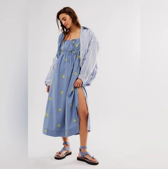 Free People Emory Embroidered Cotton-Linen Blend Maxi Dress size L - Picture 4 of 10